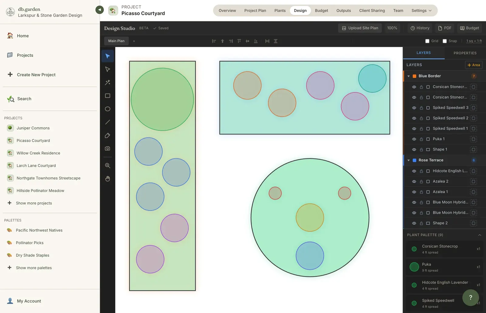 db.garden Design Studio: three planting beds drawn for a courtyard garden, each in a named area, with plant symbols sized to each plant's spread and the layers panel beside them
