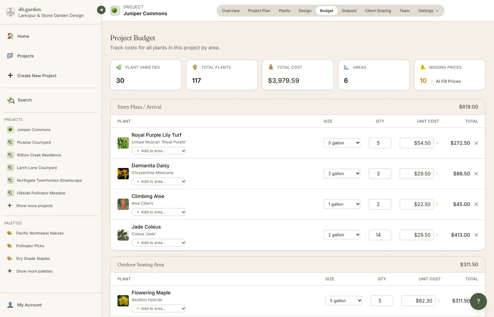 db.garden project budget showing container sizes, quantities, unit costs and totals per area