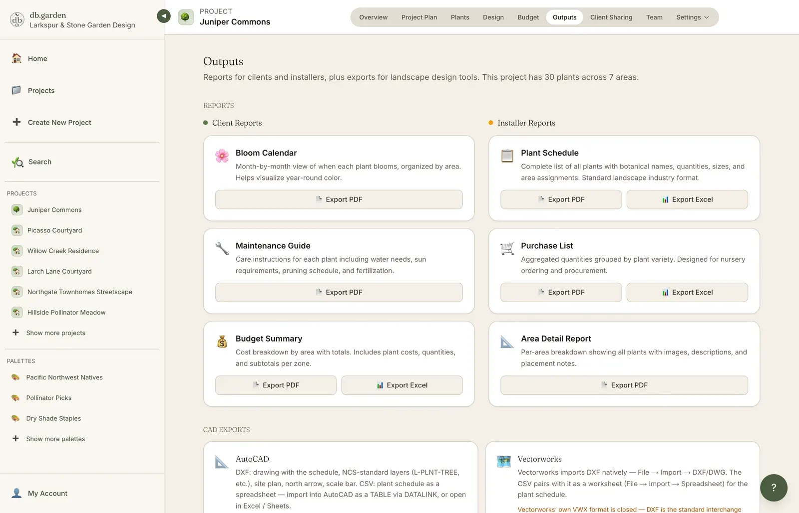 db.garden Outputs page listing the client and installer reports, such as the bloom calendar, plant schedule, purchase list and budget summary, each exported as PDF or Excel