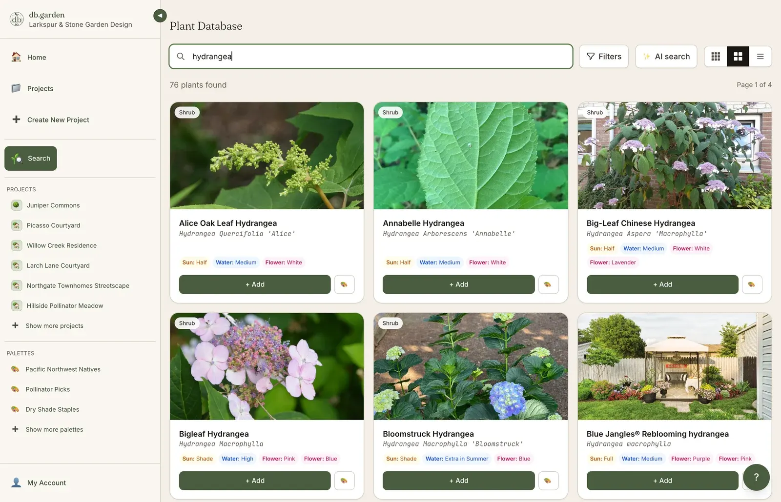 db.garden plant search for hydrangea, showing photo cards such as Annabelle Hydrangea and Bloomstruck Hydrangea, each with sun, water and flower tags and an Add button