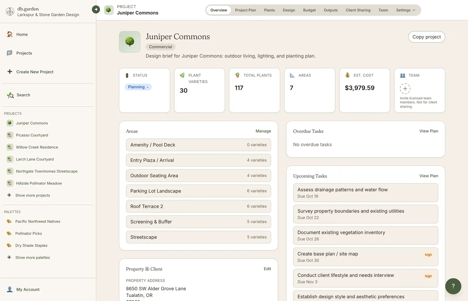db.garden project overview showing plant, area and cost totals, areas like Entry Plaza and Roof Terrace, and the upcoming tasks