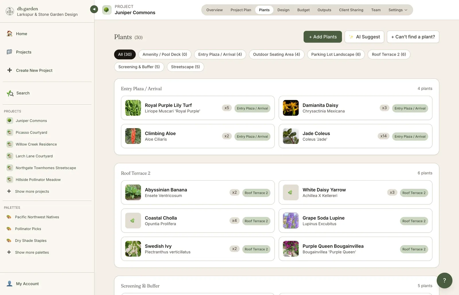 db.garden project plants page showing plant cards with photos and quantities, organised by area